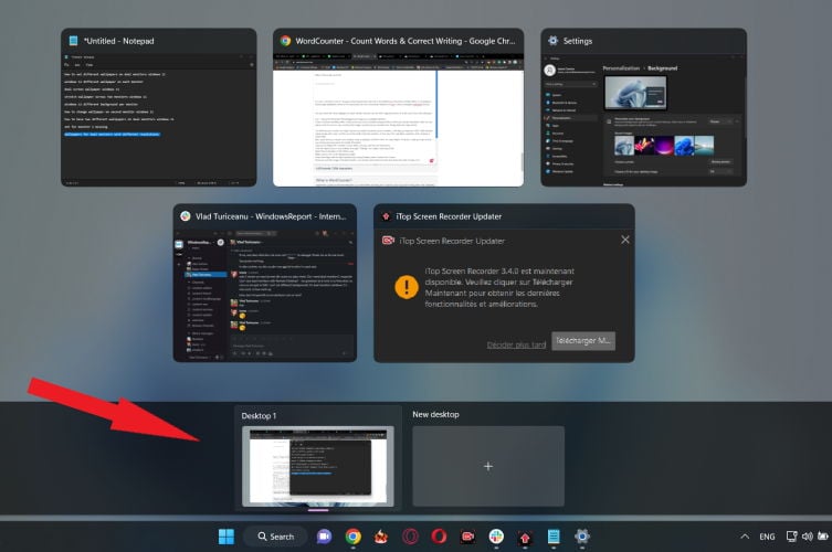 Панель выбора виртуальных рабочих столов с Desktop 1 выделенным