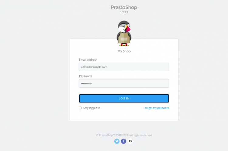 Экран входа в панель администратора PrestaShop