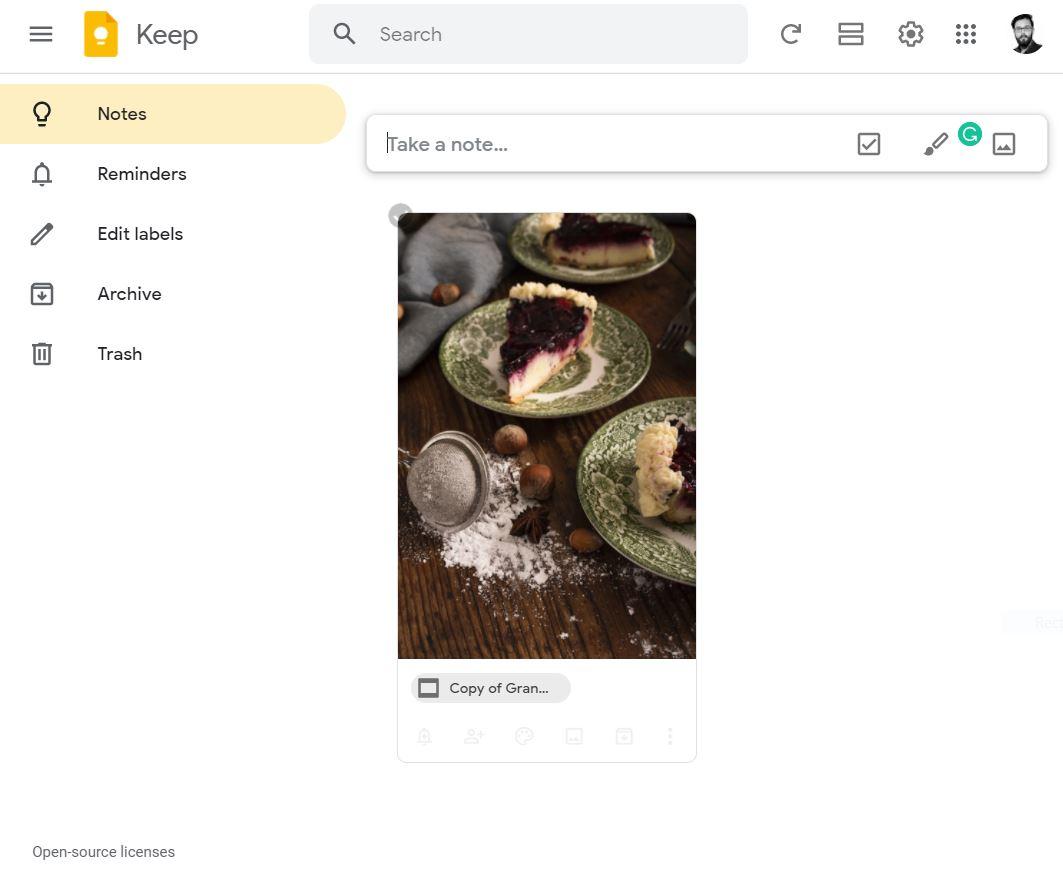 Interfaccia di Google Keep con l'immagine salvata dalla slide