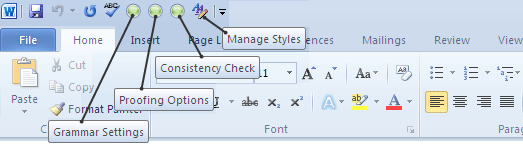 Примеры команд форматирования и проверки правописания, добавленных в панель быстрого доступа