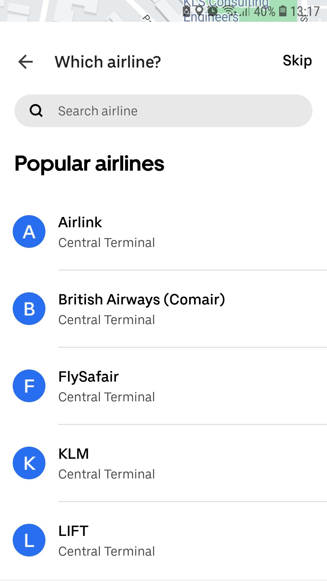 Список популярных авиакомпаний в приложении Uber