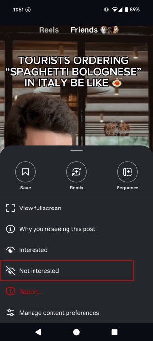 Seleccionar la opción No me interesa en un Reel en Instagram