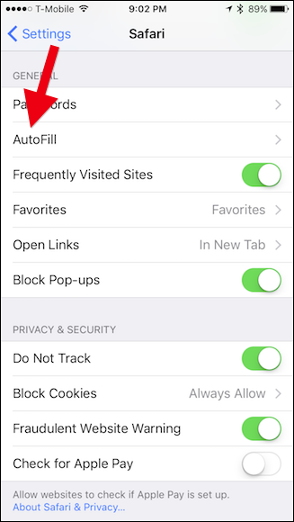 Пункт «Автозаполнение» в настройках Safari на iOS