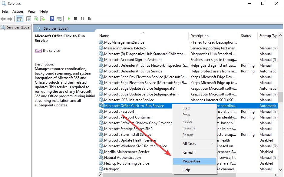 Fenêtre Propriétés du service Click-to-Run montrant les options