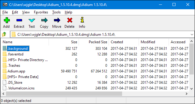 DMG образ Adium открыт в 7‑Zip. Содержимое архива видно в окне программы.