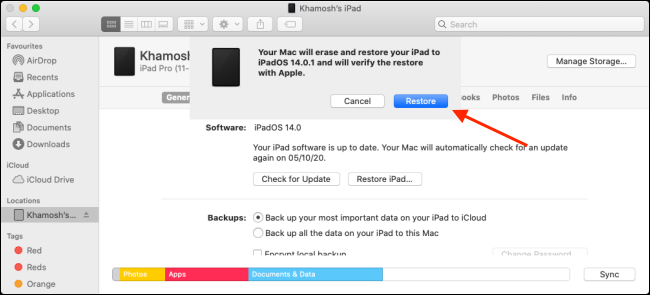 Нажмите Восстановить
