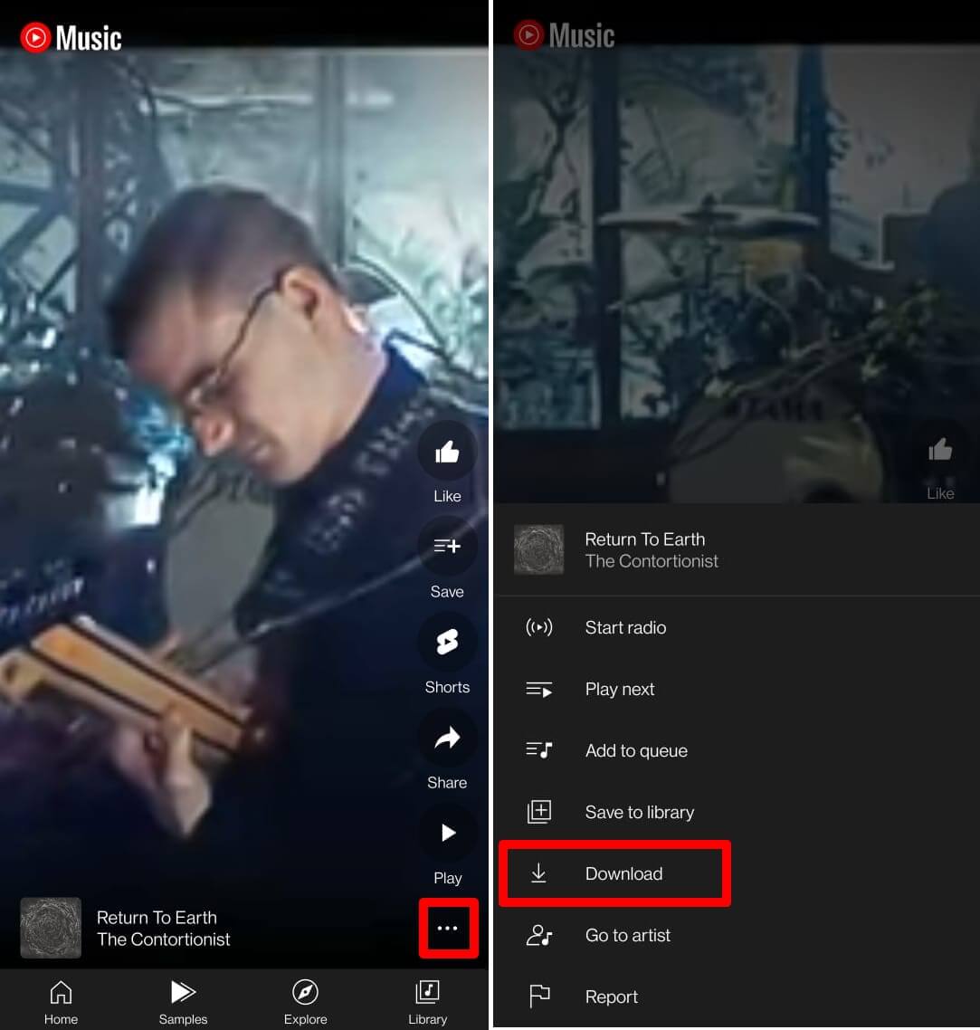 Меню с опцией загрузки Sample в YouTube Music