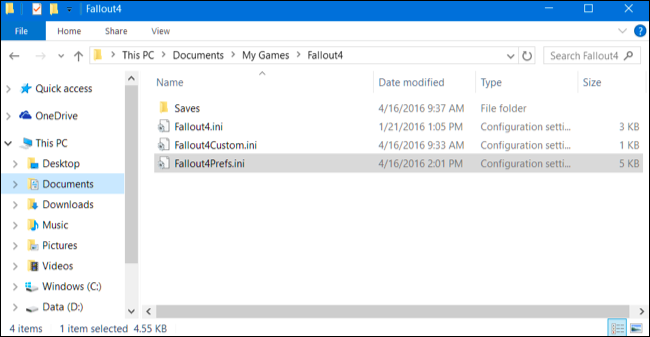 Открытие конфигурационного файла Fallout4Prefs.ini
