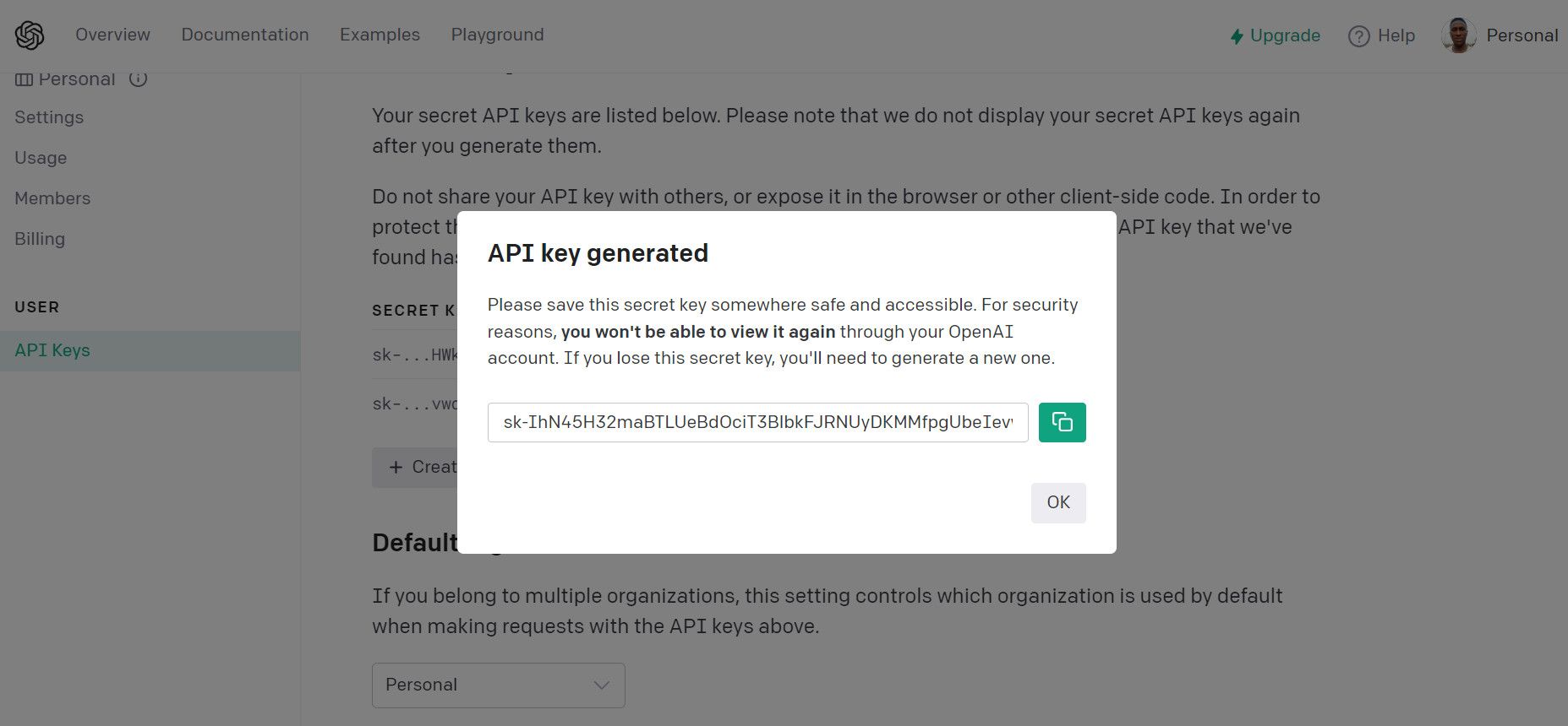 Модальное окно создания ключа OpenAI