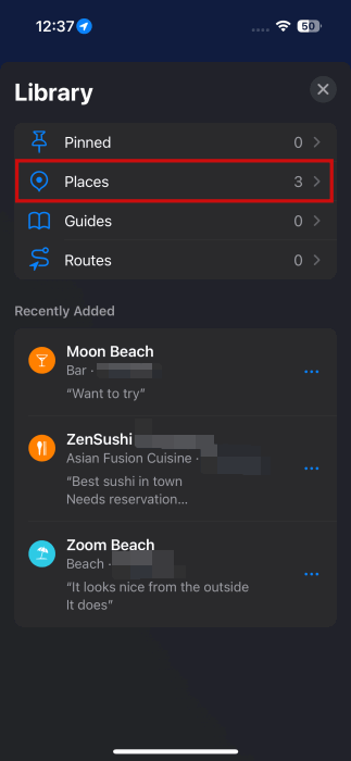 Нажатие на «Места» в Библиотеке Apple Maps.
