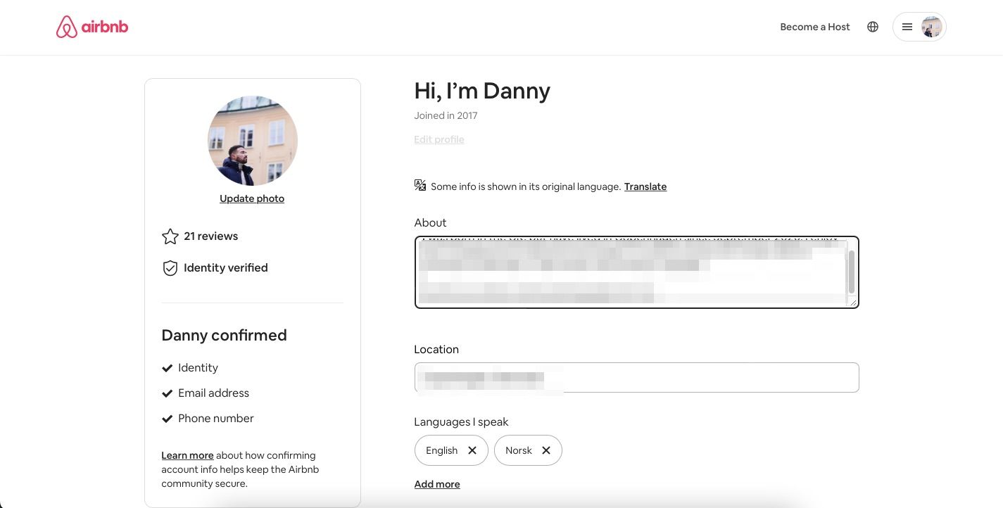 screenshot showing the edit profile page on Airbnb