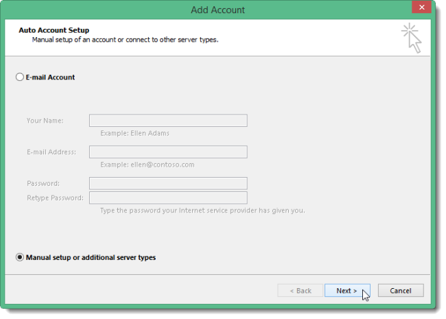 Выбор Ручная настройка в Outlook