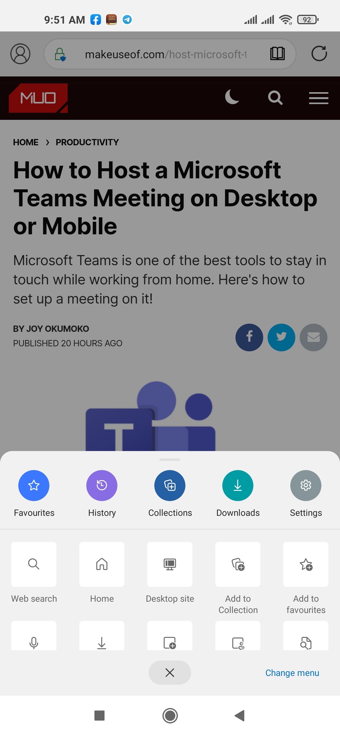 Тап по меню в Edge на мобильном