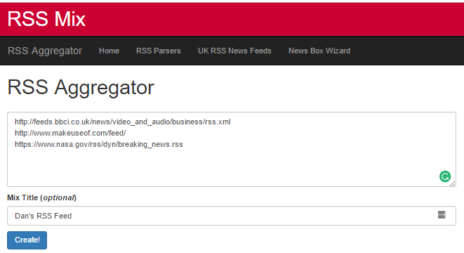 Главная страница RSS Mix — форма для смешивания фидов