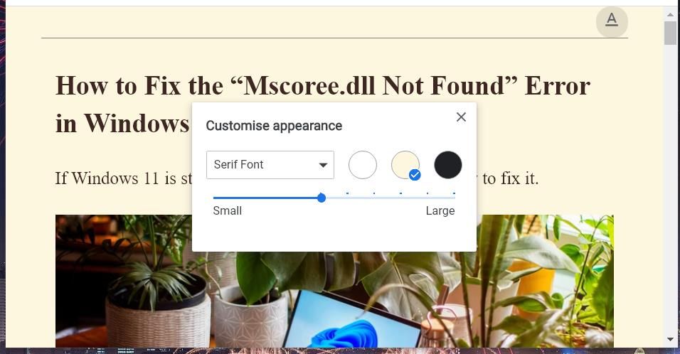 Окно настройки внешнего вида режима чтения