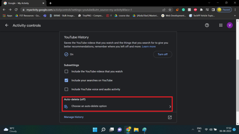 Opzione Scegli auto-eliminazione in YouTube History
