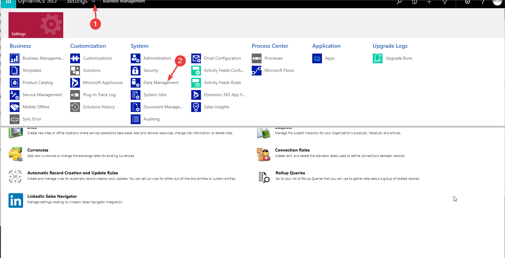 Настройки — управление данными в Dynamics 365