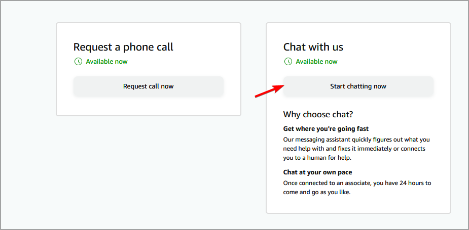 Кнопка Start chatting now для онлайн-чата с Amazon