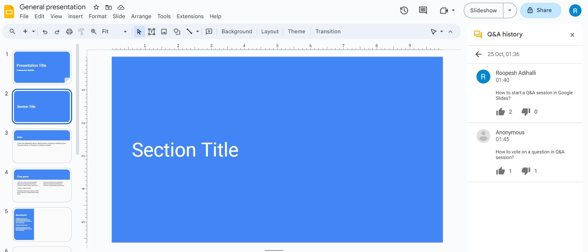 Google Slides Q&A Session Tools Q&A History Session Questions
