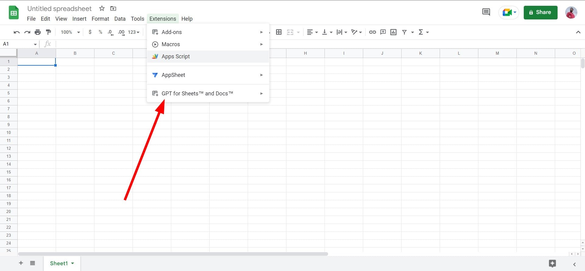 Пункт меню GPT for Sheets and Docs в Extensions