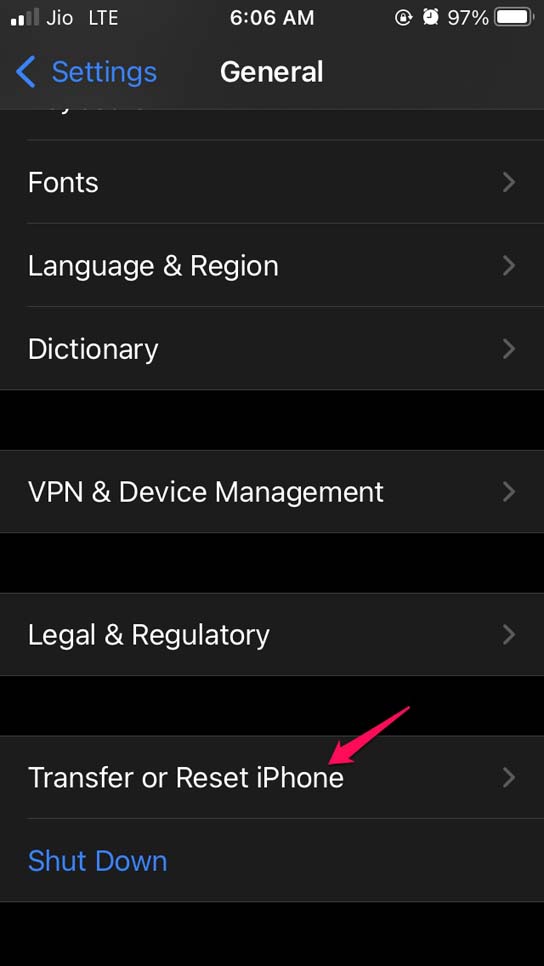 Экран Перенос или сброс iPhone