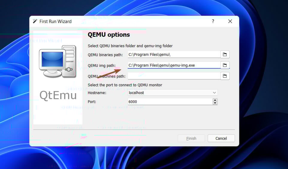 Окно QTEmu — путь к qemu-img