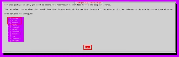 Окно выбора служб LDAP (passwd, group, shadow)