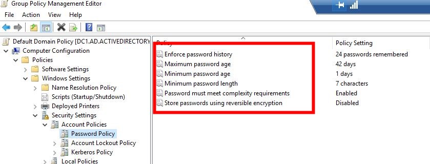 Настройки Password Policy в редакторе GPO