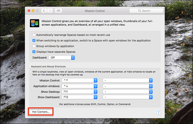 Окно Mission Control с кнопкой Горячие углы