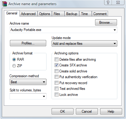 Параметры архивации в WinRAR