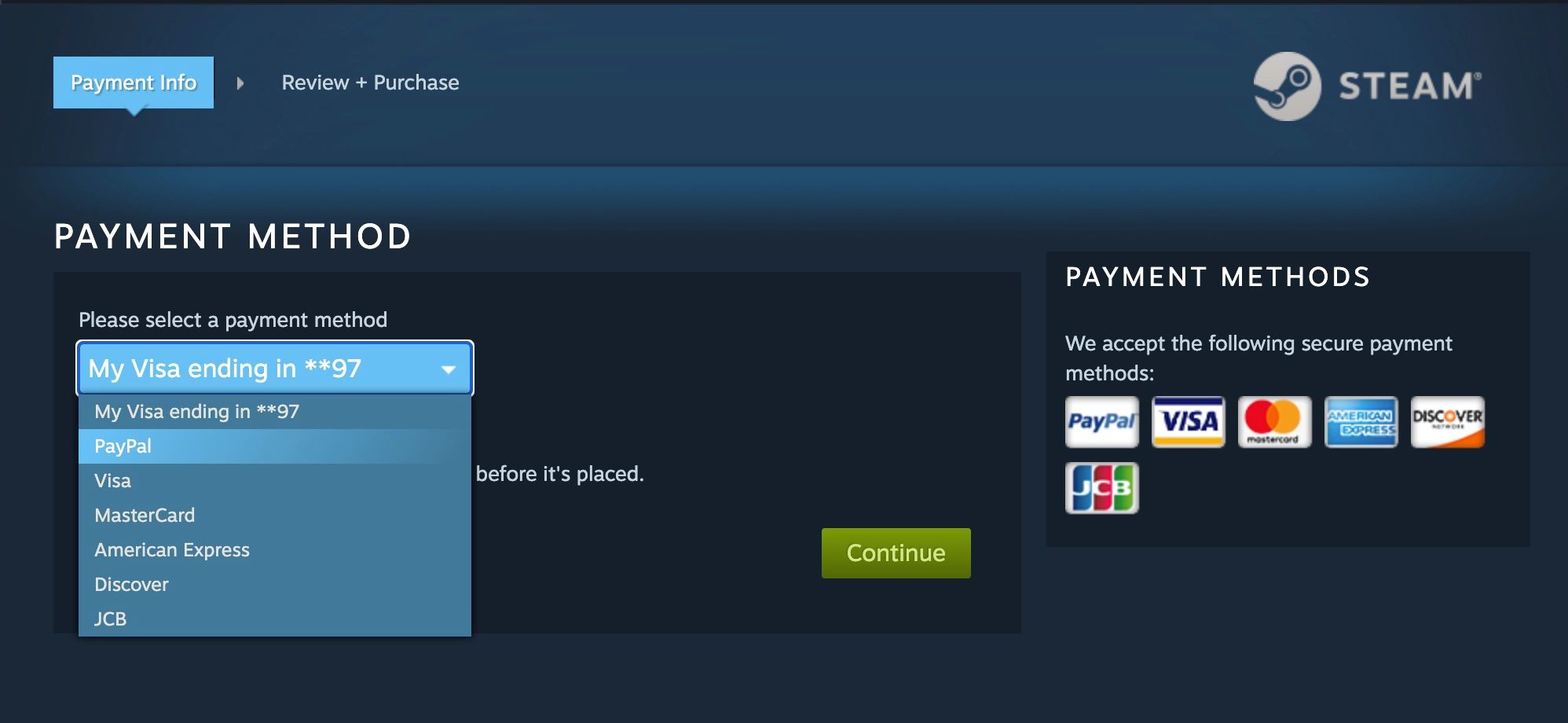 Выпадающее меню способов оплаты в Steam с выбором PayPal