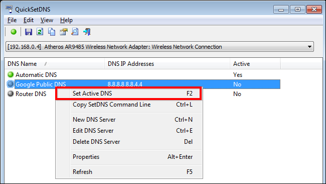 Контекстное меню QuickSetDNS для установки активного DNS