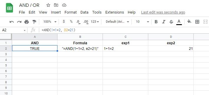 Пример использования функции AND в интерфейсе Google Sheets