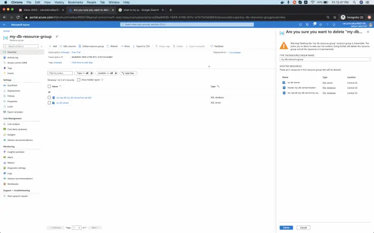 Подтверждение удаления ресурсной группы — ввод имени и подтверждение