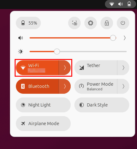 Скриншот с выделенным переключателем Wi‑Fi в быстром меню Ubuntu.