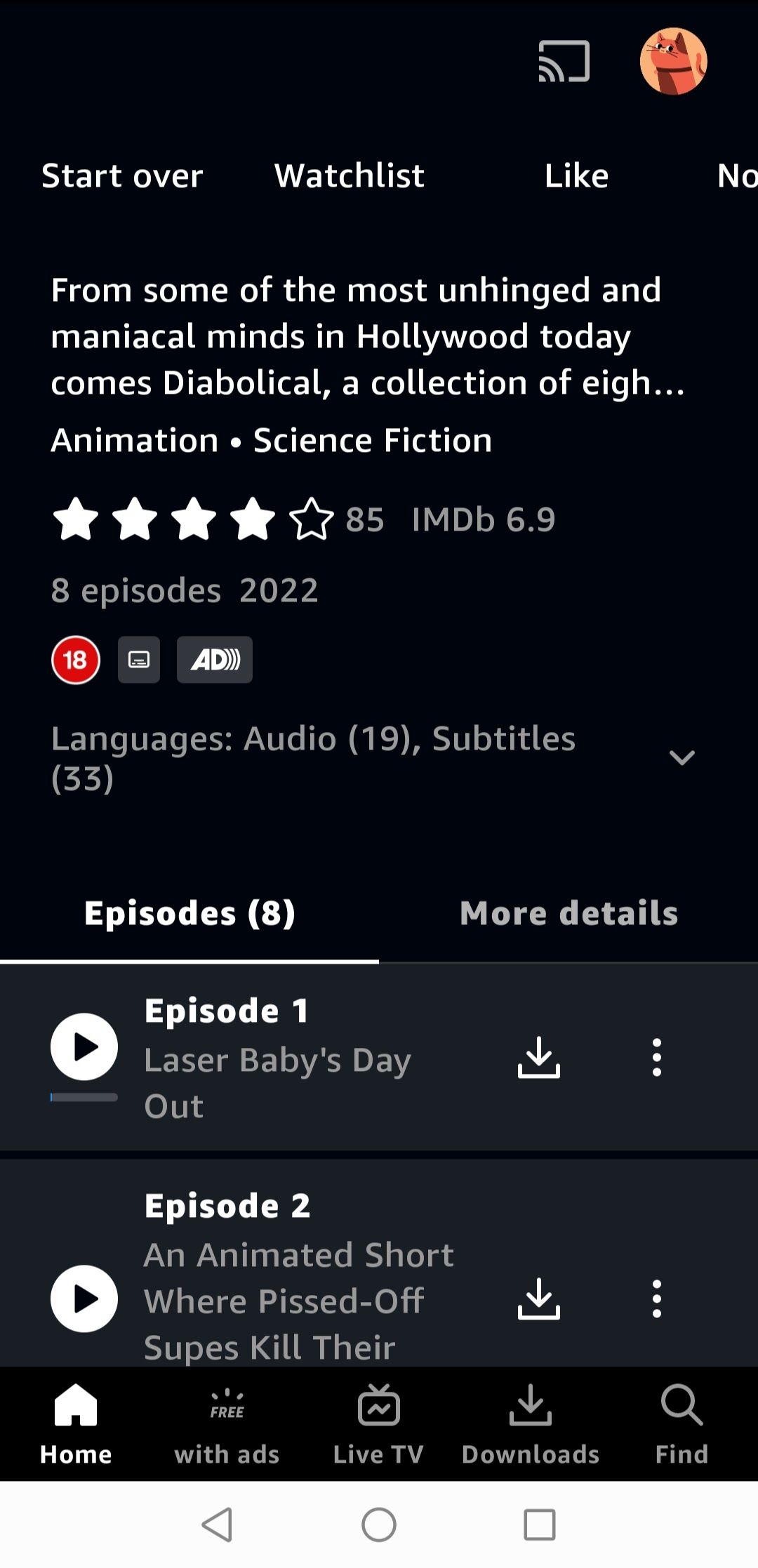 Страница с описанием и эпизодами в мобильном приложении Prime Video