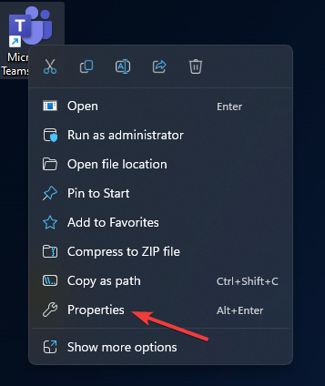 Контекстное меню Teams — Свойства