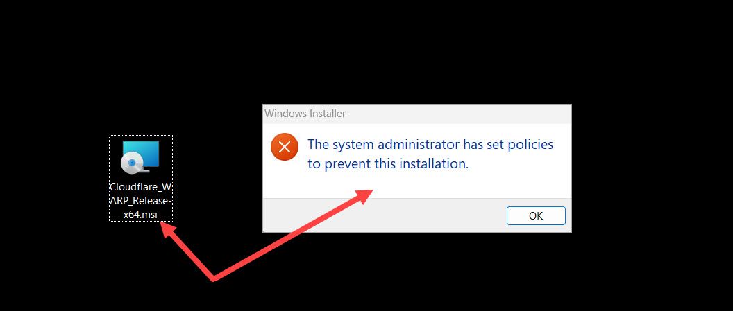 Сообщение о запрете установки после изменения политик Windows.