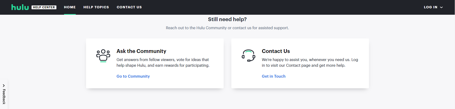 Страница поддержки Hulu — контактные варианты