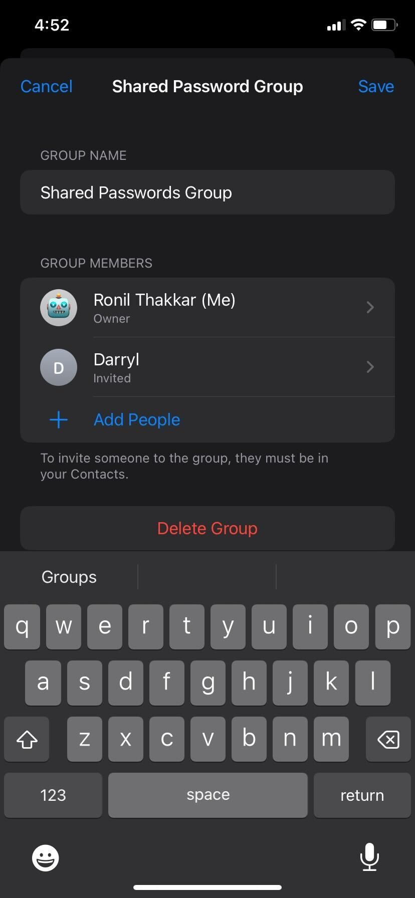 iPhone Share Password Group Save Button