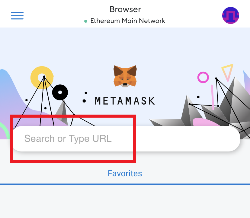 Строка поиска выделена в браузере MetaMask.