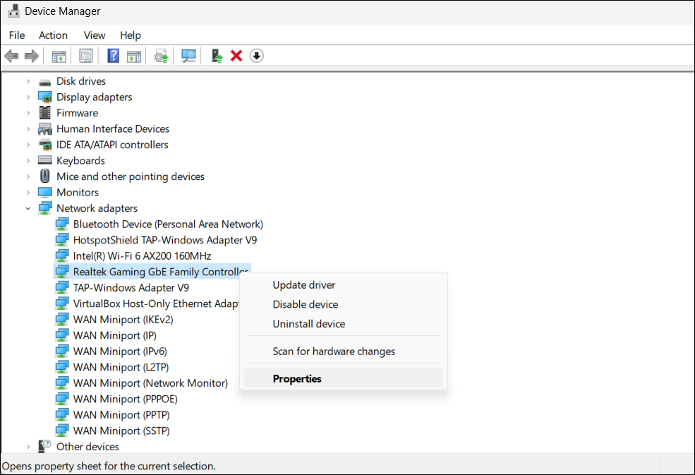 Диспетчер устройств Windows 11, свойства сетевого адаптера