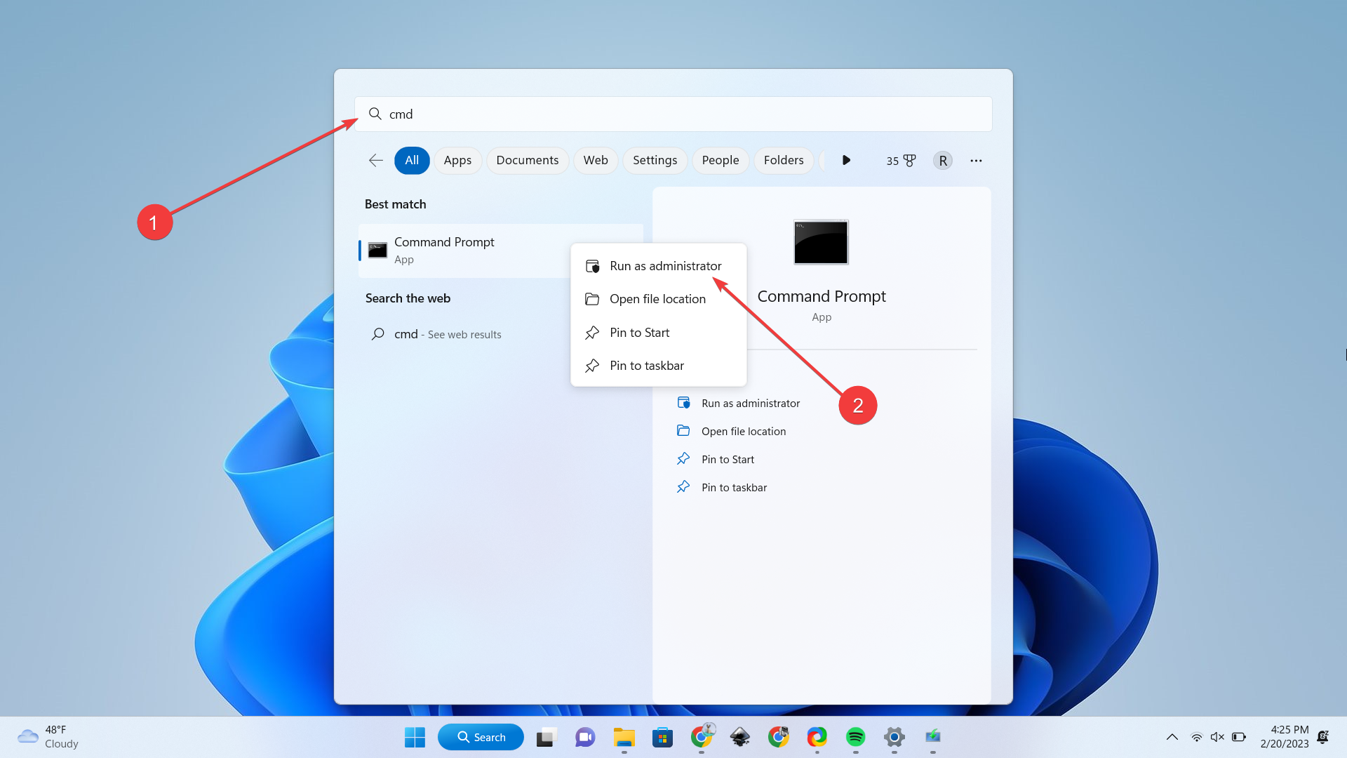 Скриншот поиска cmd и запуска от администратора