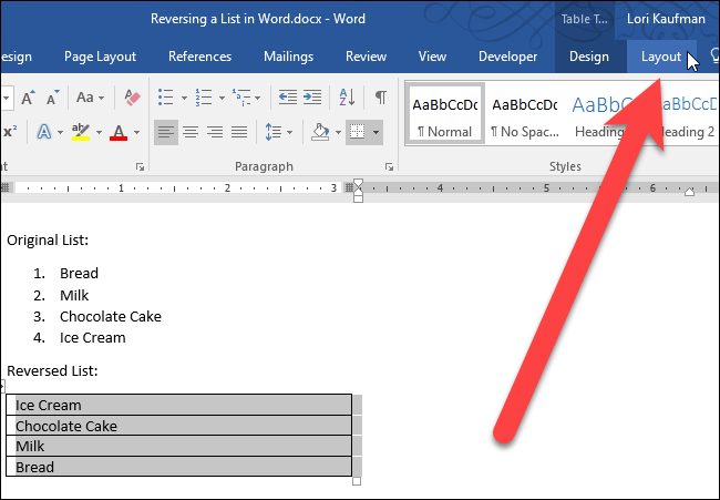 Вкладка Layout для работы с таблицей