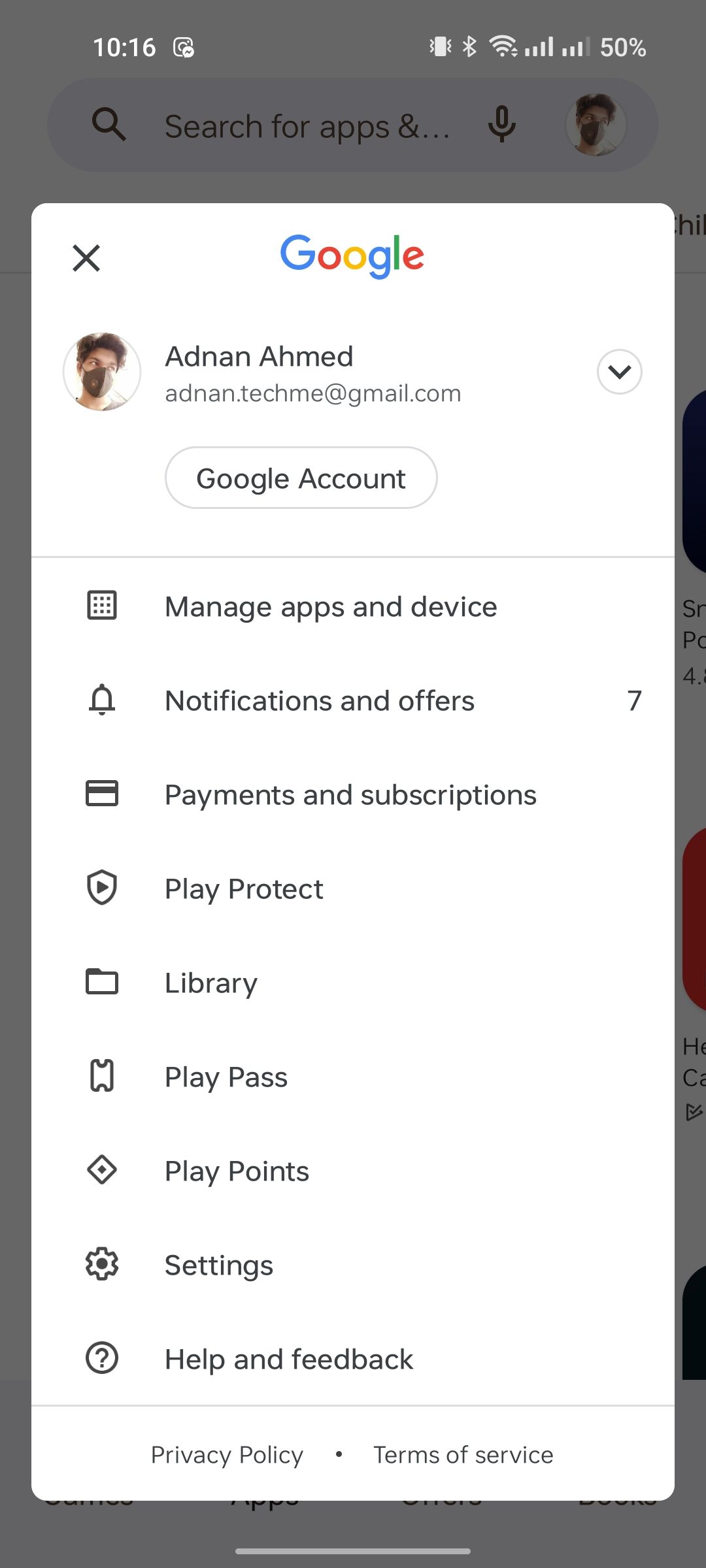 Всплывающее меню с параметрами аккаунта в Play Store