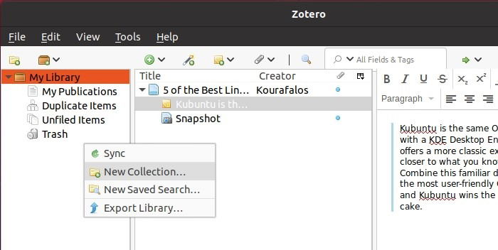 Создание новой коллекции в Zotero