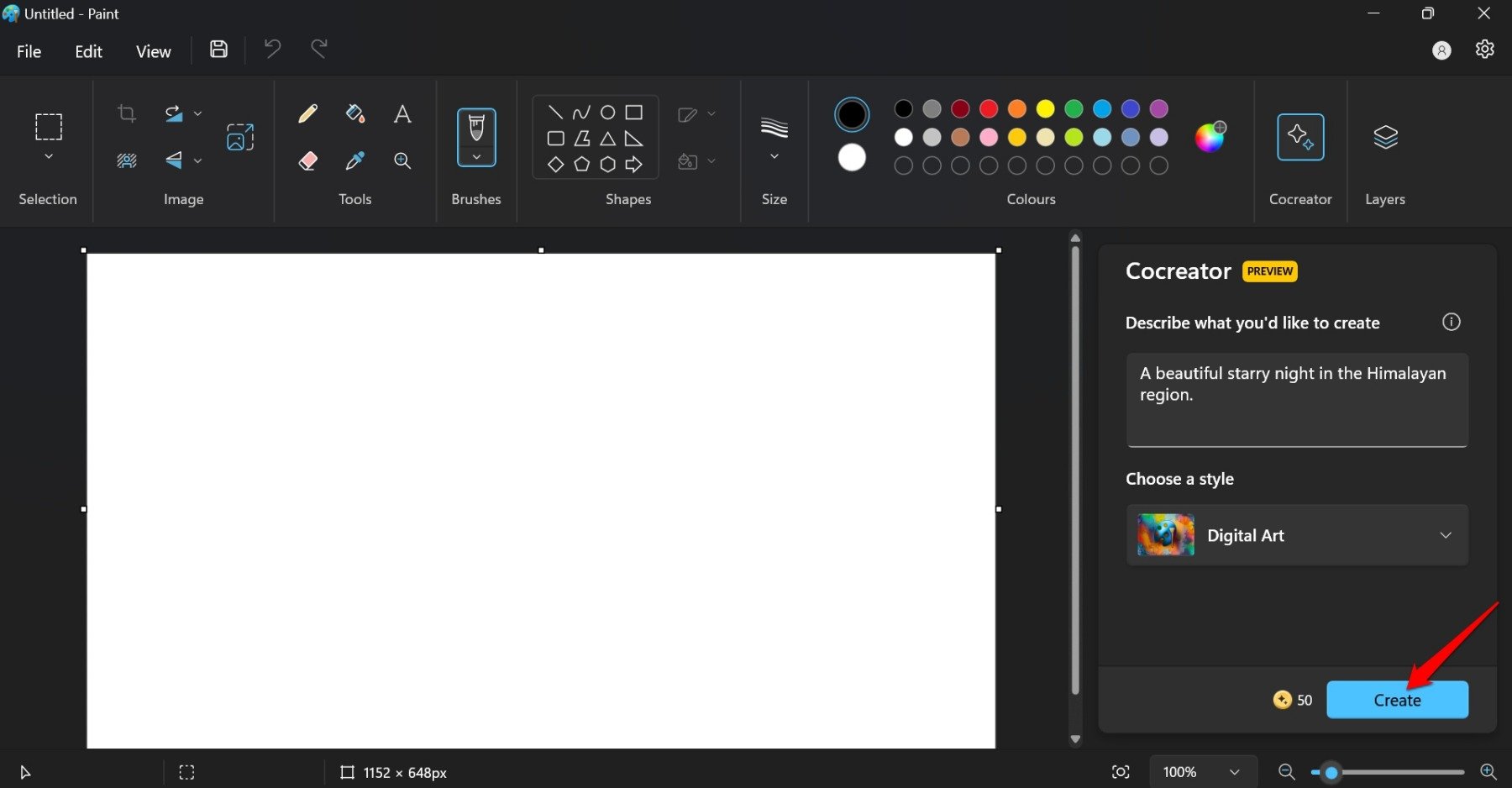 Кнопка Create для генерации изображения в Cocreator