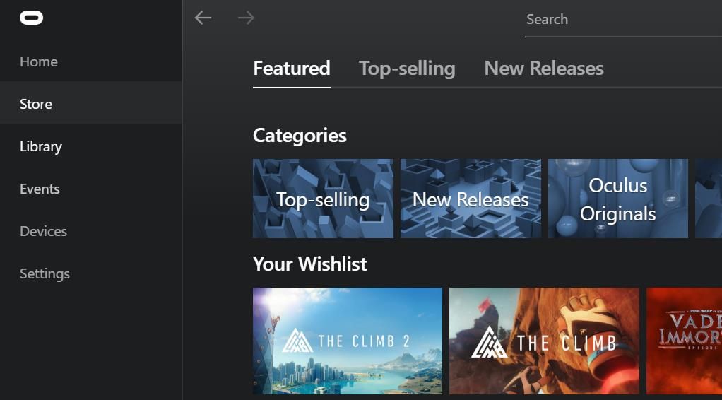 Вкладка Store в приложении Oculus для Windows