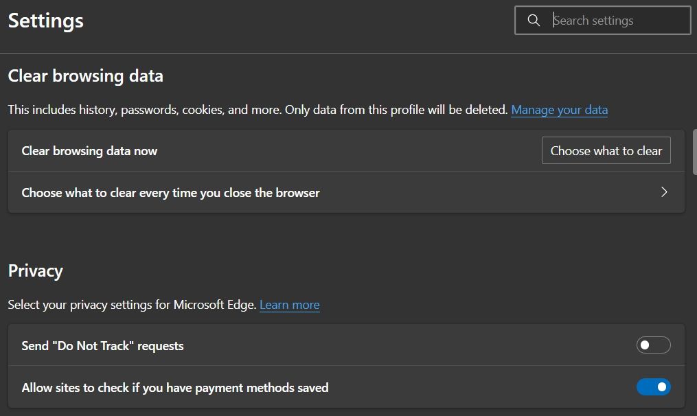 Страница приватности и служб Microsoft Edge