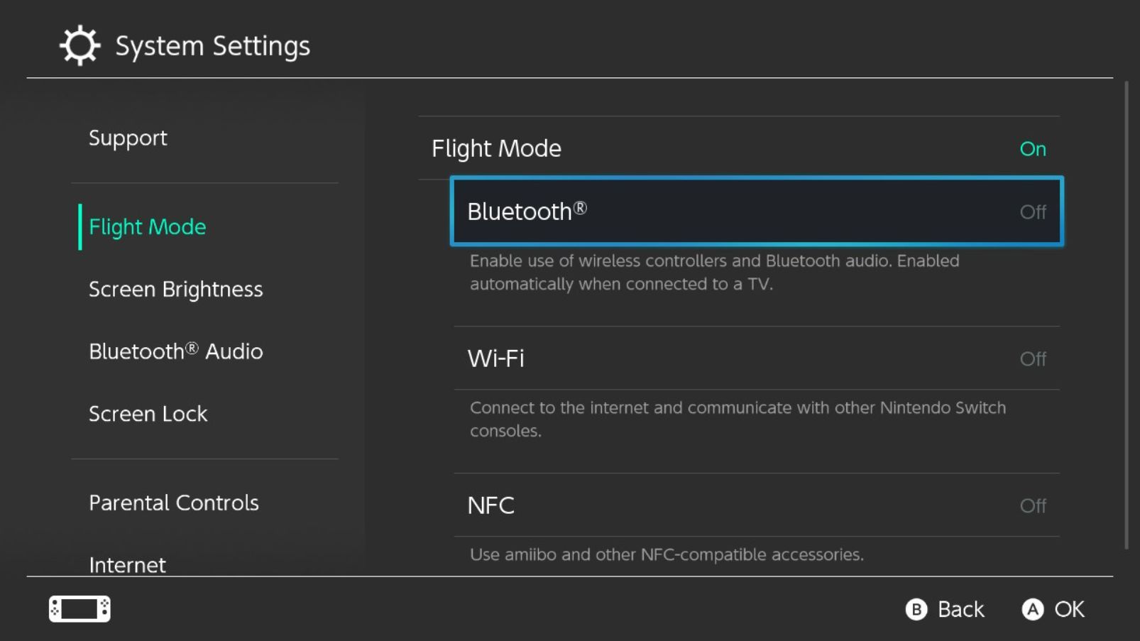 Включение Bluetooth в настройках режима полёта Nintendo Switch